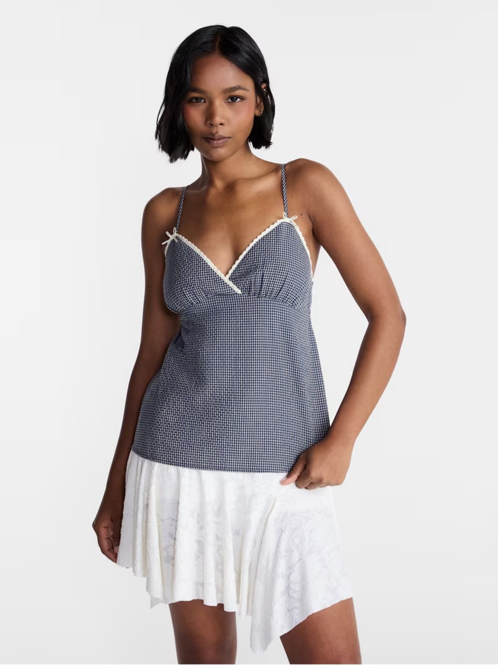 No Boundaries navy and white gingham top
